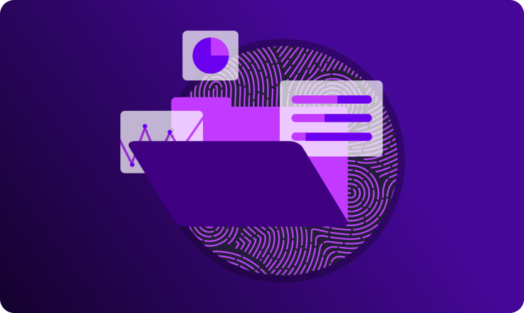 Illustration representing Mail Assure portfolio expansion, showing a folder with layered data cards, charts, and analytics icons over a fingerprint pattern, symbolizing organized, secure email data insights.