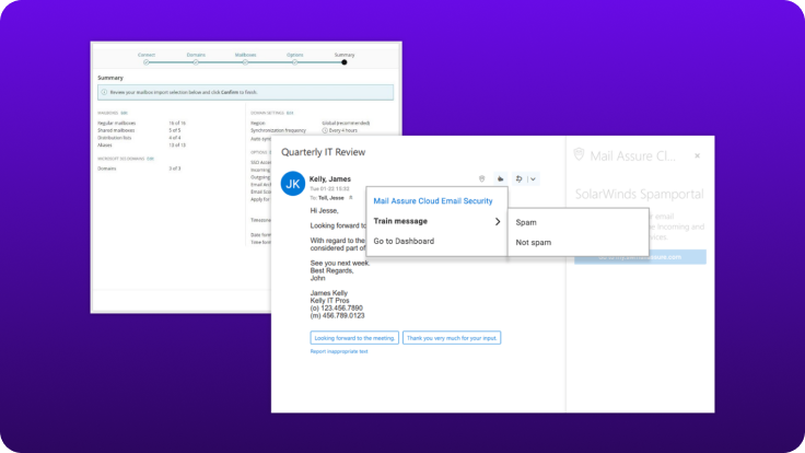 Mail Assure Cloud Email Security shown integrated within an email client, allowing users to classify messages as spam or not spam while administrators review security settings and summaries.