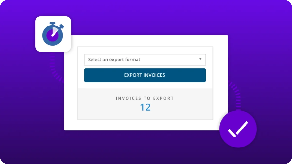 MSP Manager invoice export panel showing export format selection, an Export Invoices action button, and a summary indicating 12 invoices ready to export.
