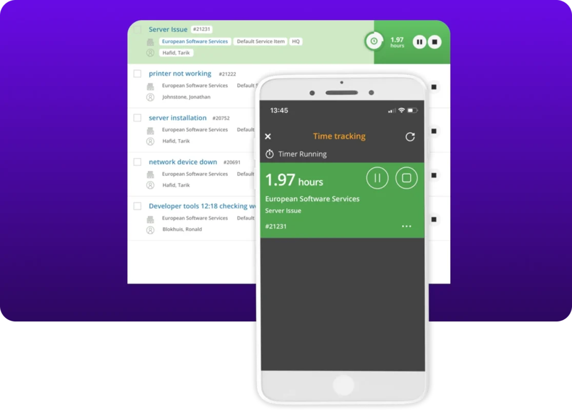 MSP Manager time tracking interface showing an active service ticket list with a mobile app overlay displaying a running timer and logged work hours.