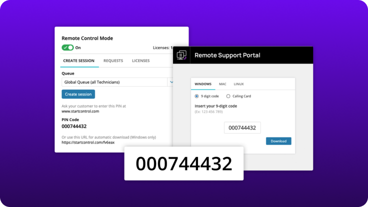Take Control Remote Support Portal showing a technician creating a support session and an end user entering a nine‑digit support code to start a remote connection.