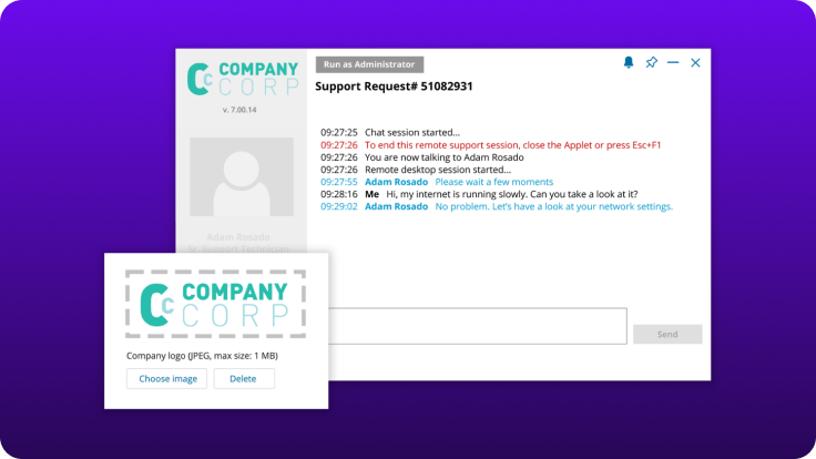 Take Control support request window showing a live remote support chat and session details, alongside options to upload and manage company branding such as a logo.