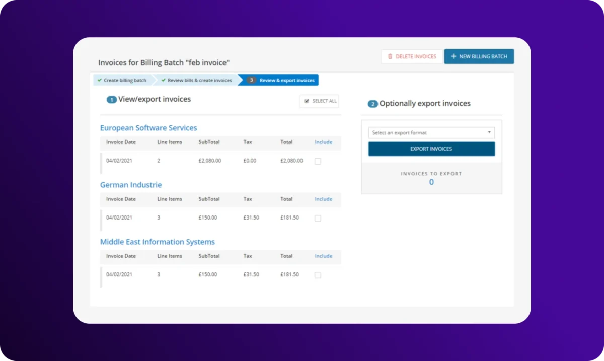 MSP Manager billing batch review screen showing invoices by customer with invoice dates, line items, subtotals, tax, totals, and options to export invoices.