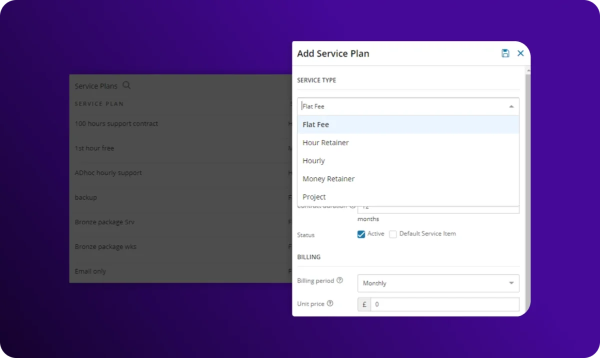 MSP Manager add service plan modal showing service type selection options, billing settings, contract duration, status controls, and unit pricing fields.