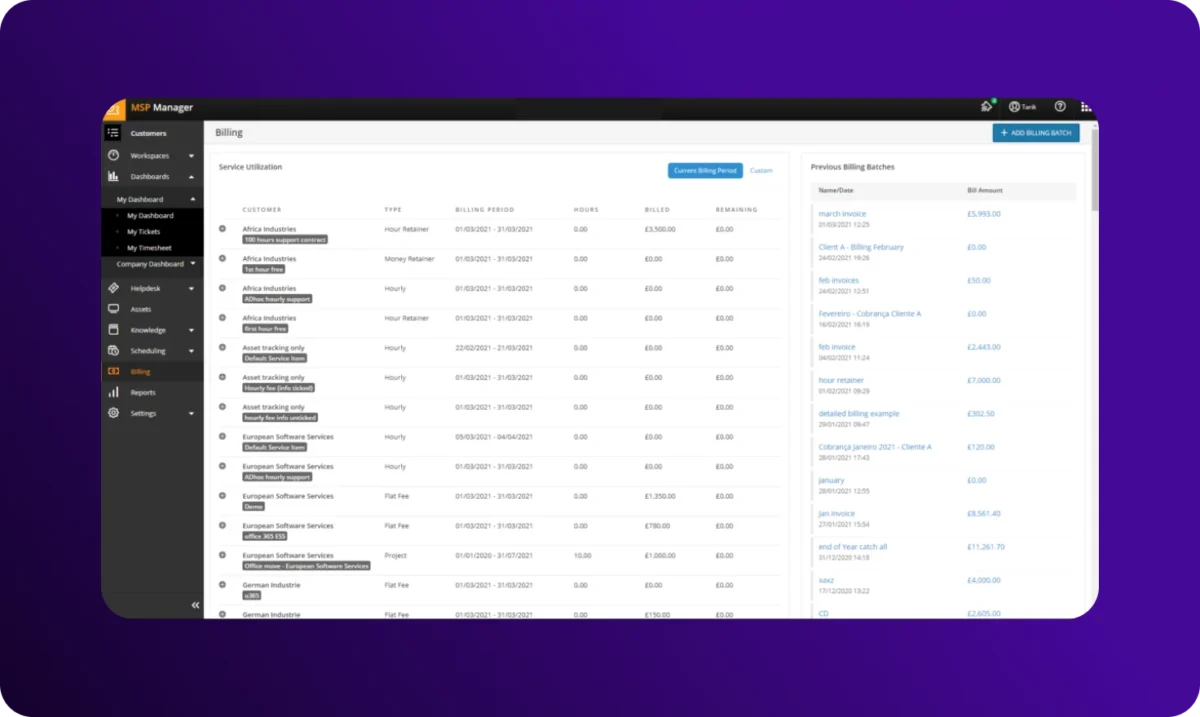 MSP Manager billing dashboard displaying service utilization by customer, billing period hours, billed amounts, remaining balances, and a list of previous billing batches.