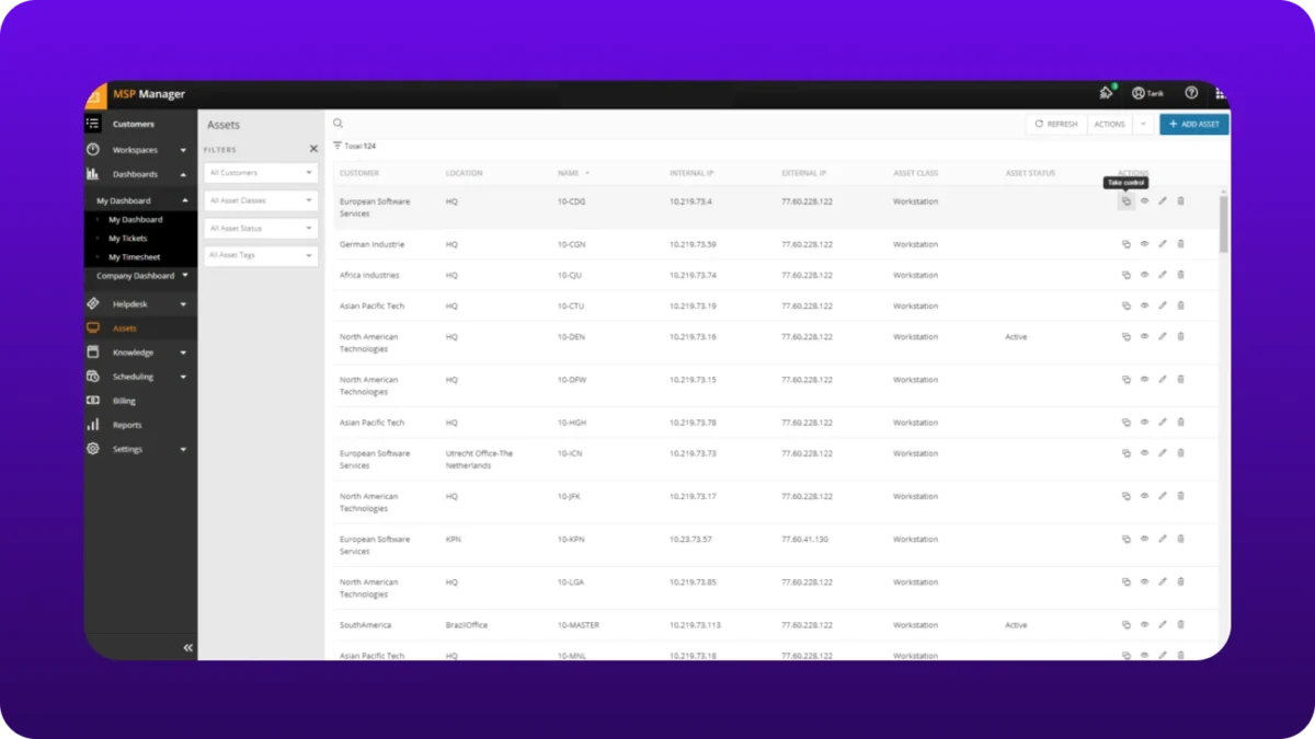 MSP Manager assets dashboard listing customer devices with locations, IP addresses, asset status, and action icons for remote access and asset management.