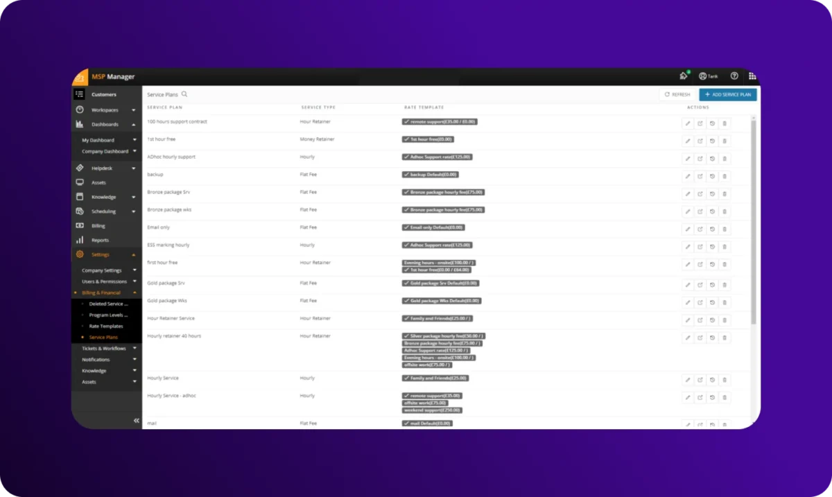 MSP Manager service plans screen listing support packages, service types, rate templates, and actions for managing recurring and hourly services.