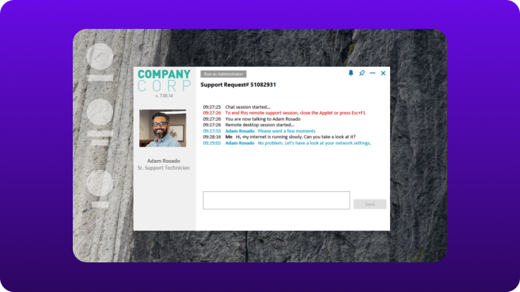 Take Control support request window showing a live chat session between a technician and an end user, including session status, timestamps, and troubleshooting messages.