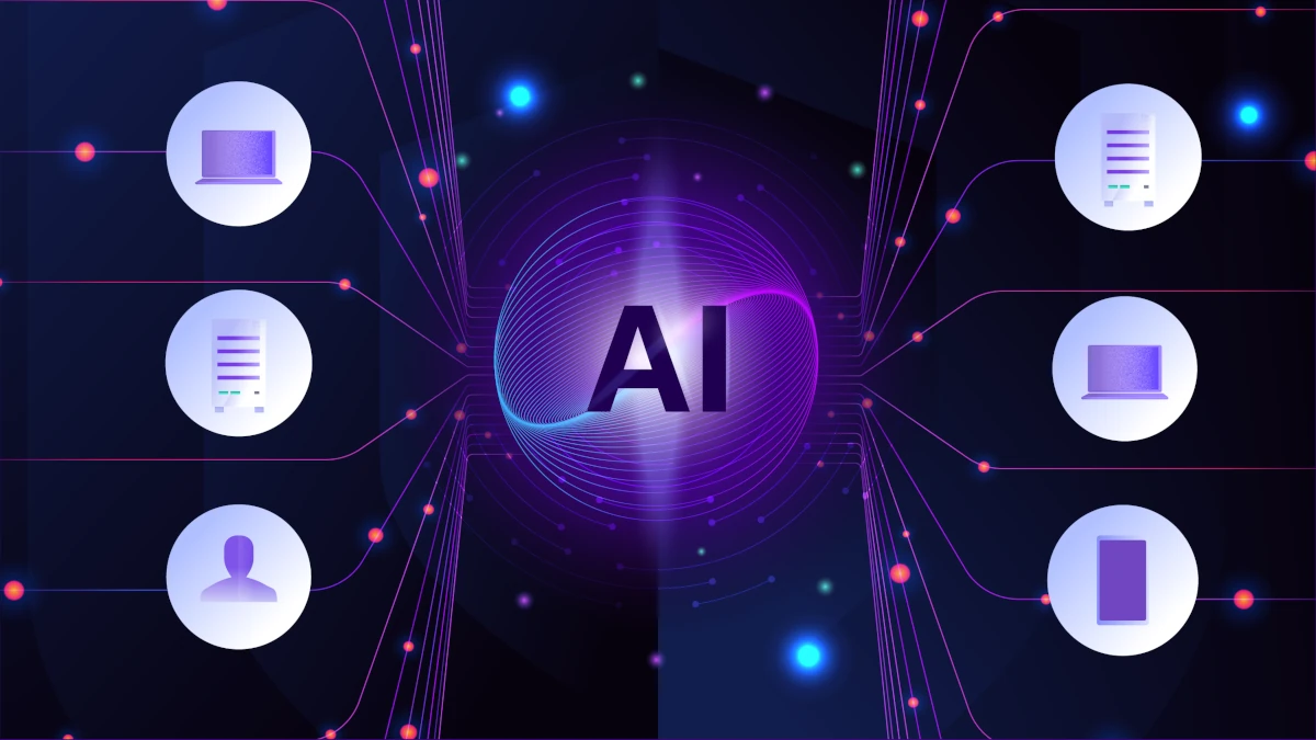 Central AI hub visual with connected endpoints, servers, users, and devices, representing integrated AI‑driven endpoint detection and response.