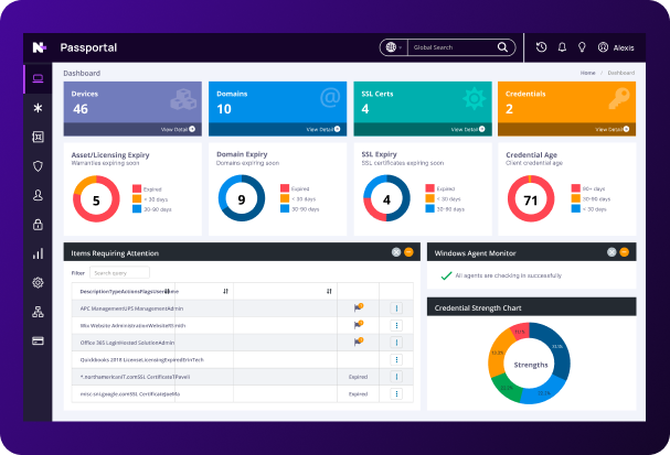 Passportal security dashboard interface showing asset and licensing status