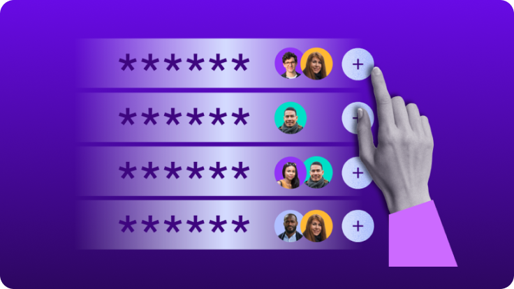 Illustration of a password list with masked credentials, user avatars, and add-access icons, showing a hand selecting controls to enable granular access management in a secure environment.