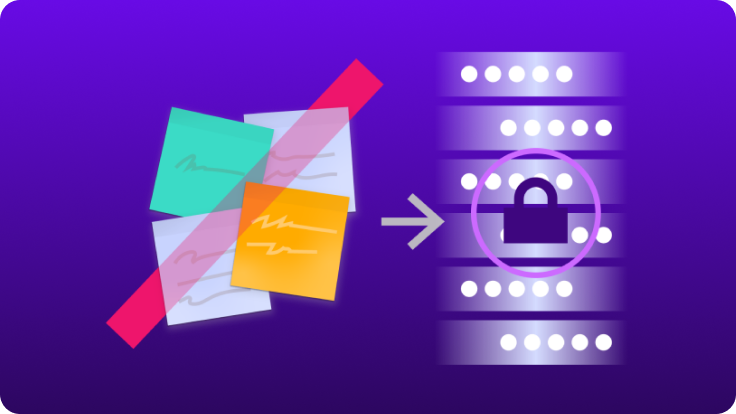 Illustration showing unsecured notes and credentials being blocked and replaced with a locked, protected password database, representing the move from unsafe credentials to secure credential management.