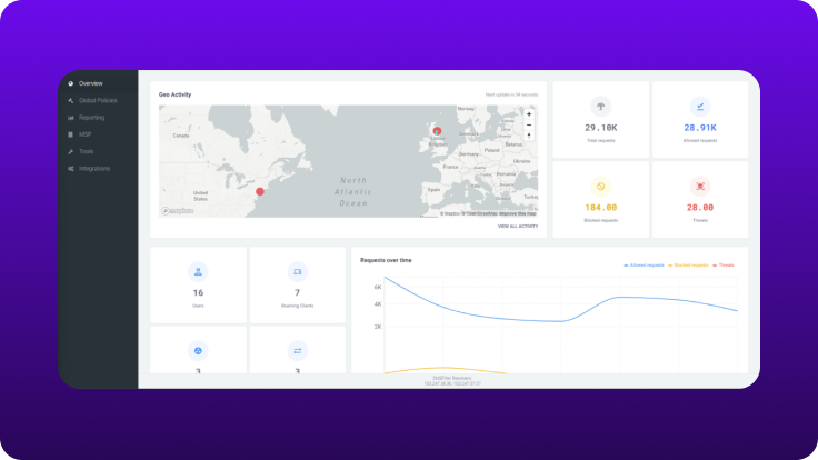 DNS security overview dashboard showing global activity map, request metrics, blocked threats, and a time‑based graph of DNS requests.