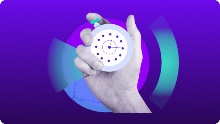 Hand holding a stopwatch over a purple abstract background, symbolizing faster response times and reduced IT support workload.