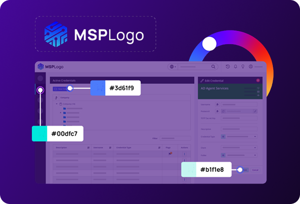 MSP dashboard interface branded with the MSPlogo, highlighting secure credential management with masked password fields and unique identifiers over a purple gradient background, illustrating how managed service providers can monitor, protect, and manage client credentials across systems.