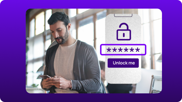 “Illustration on a purple background showing a person using a smartphone in a modern office setting, alongside an overlaid mobile security interface with a lock icon, masked password field, and an ‘Unlock me’ button, representing secure access and authentication.