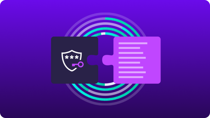 Puzzle pieces with a security shield and document icon aligning on a purple background, representing secure documentation management