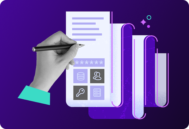 Illustration of a hand writing on a digital document with password fields, security icons, and layered pages on a purple background, representing secure documentation, credential management, and IT process automation.