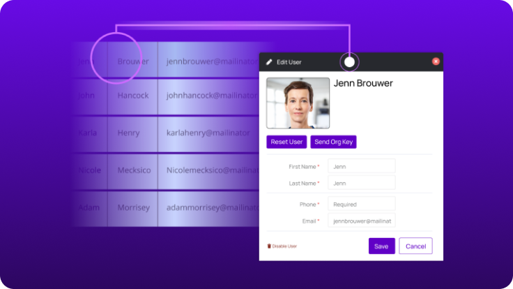 User management screen with edit user dialog open, showing profile details, email address, and options to reset user or send organization key