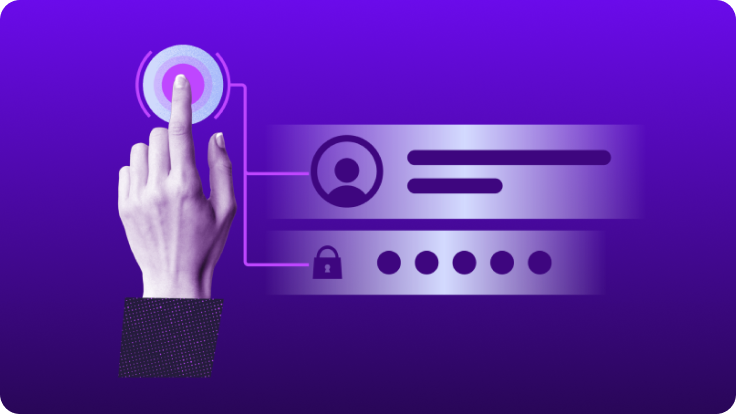 Stylized illustration on a purple gradient background showing a hand pressing a circular authentication button, connected to layered user profile and password interface elements with a lock icon and masked credentials, representing multi-layered security and identity protection.
