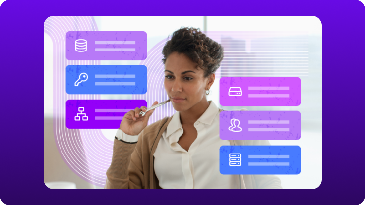 Person interacting with floating data and access cards on a purple interface, representing centralized client and identity management.