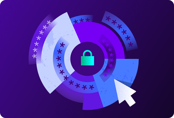 Circular password manager visualization with a central lock icon and layered segments representing credential security.
