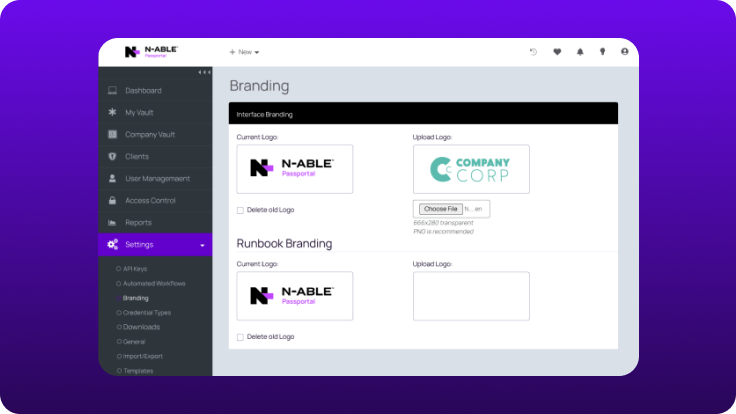 Branding settings screen allowing administrators to upload and manage interface and runbook logos in the N‑able platform