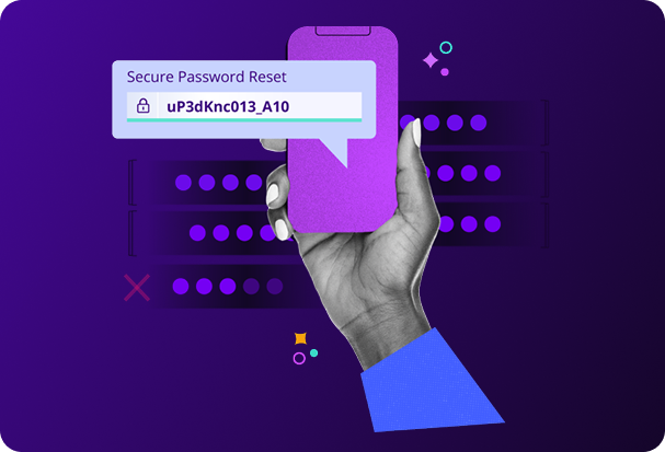 Illustration on a purple background showing a hand holding a smartphone with a notification reading ‘Secure Password Reset,’ featuring a lock icon and an example password, with abstract security dots and interface elements in the background.