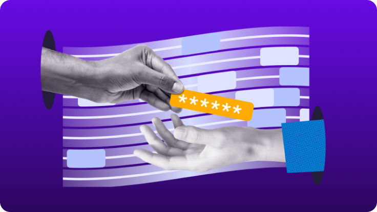 Abstract illustration showing two hands securely passing a password key over a purple digital background, representing secure information sharing