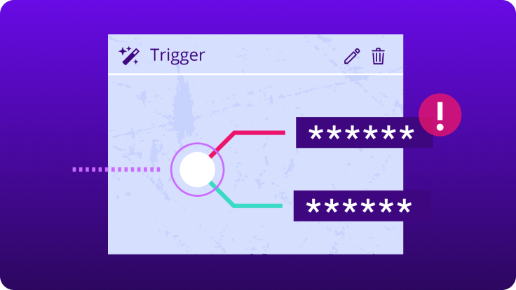 Automation trigger interface highlighting masked passwords and a security alert indicating weak or risky credentials.