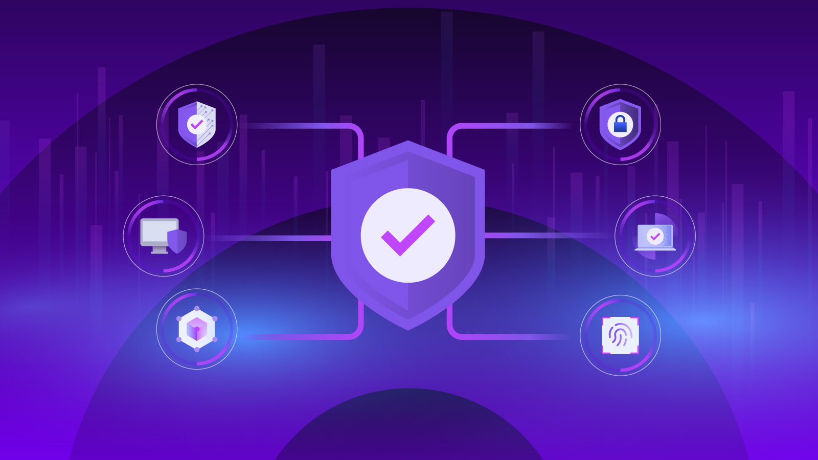 Central security shield connected to multiple devices and controls, illustrating scalable, centralized protection across endpoints and environments.