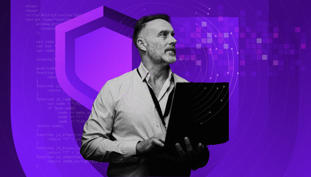 Individual holding a laptop against a purple tech-themed background with code fragments and shield graphics, symbolizing vigilance in cybersecurity
