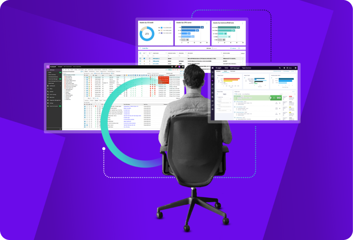 IT professional monitoring multiple screens displaying endpoint management dashboards with metrics like alert criticality and activity logs
