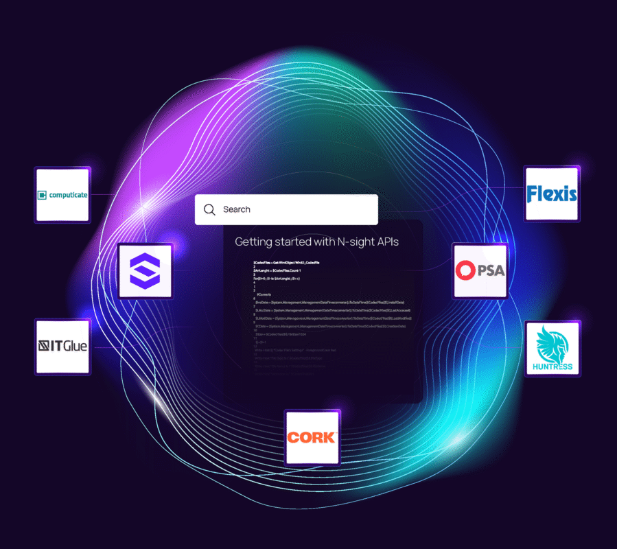 Visual representation of N-sight API integrations featuring a central screen with code snippets and logos of services like Computicate, Flexis, PSA, Huntress, CORK, IT Glue, and others connected by colorful swirling lines