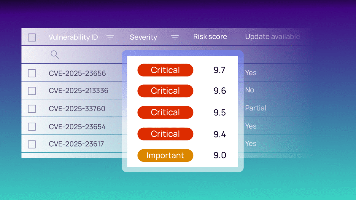 Close-up of a vulnerability management dashboard showing CVE IDs, severity levels, risk scores, and update availability status
