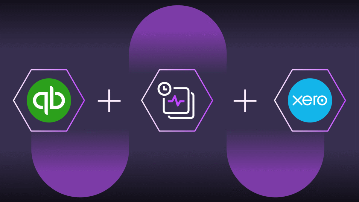 Graphic showing integration icons for QuickBooks, time tracking, and Xero accounting software on a purple background