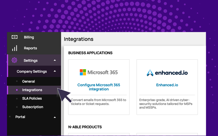 Integration settings interface showing Microsoft 365 and Enhanced.io options for configuring business applications and cybersecurity solutions