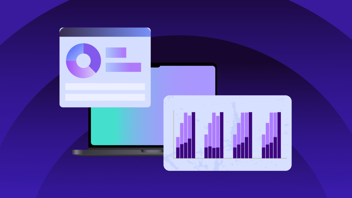 Laptop illustration with overlay graphics including a pie chart and multiple bar charts representing network bandwidth and performance analytics