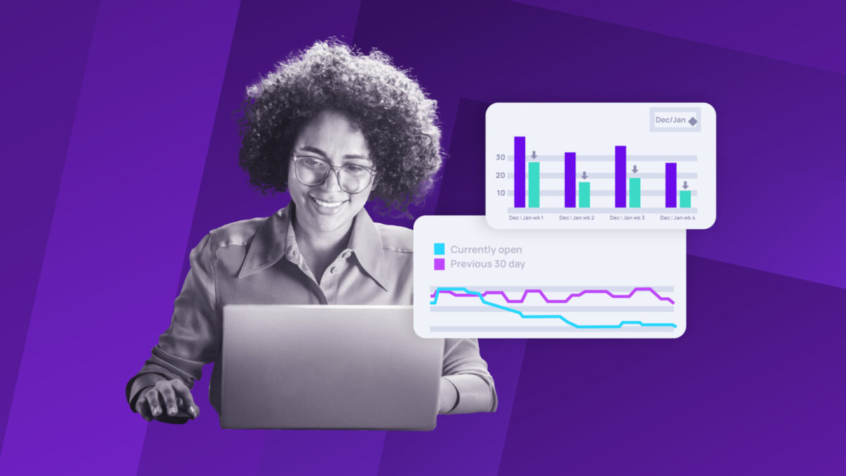 Person using a laptop with overlay charts showing ticket trends and line graphs for currently open and previous 30-day metrics on a purple background