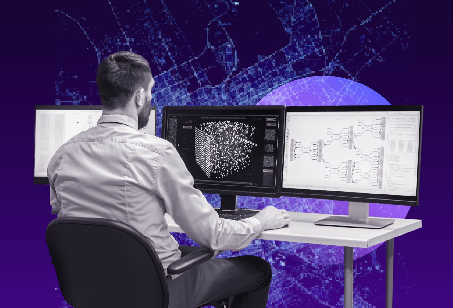 Person seated at a desk with three monitors displaying complex network diagrams and data visualization, representing network device management and analysis
