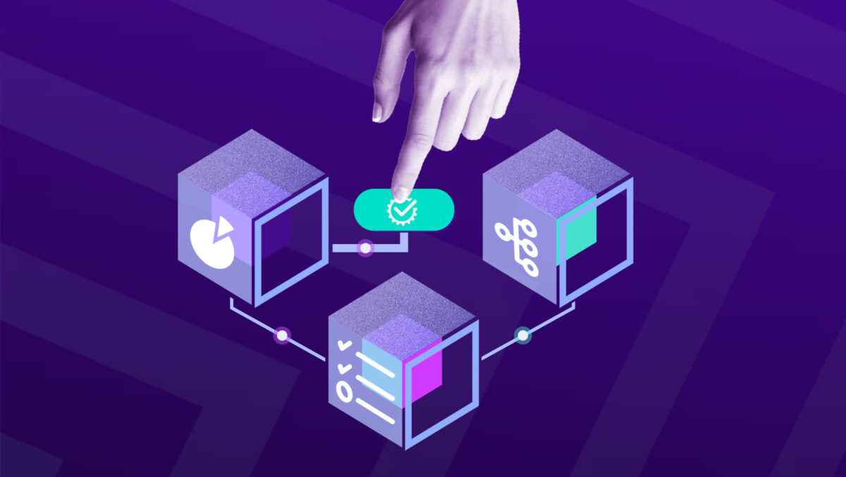 Hand pointing at a green checkmark button connecting three cube-shaped elements with charts and code snippets, representing network mapping and validation