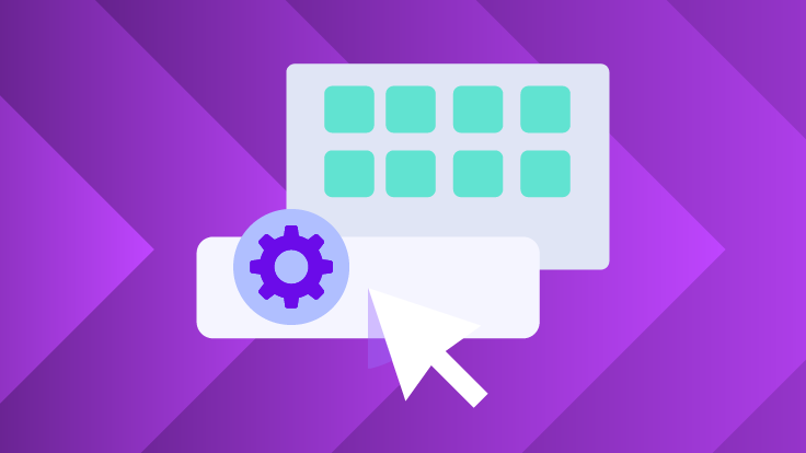 Cursor pointer selecting a gear icon beneath a grid-style interface, symbolizing configuration and system management