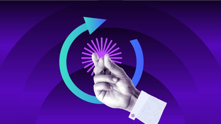 Hand snapping fingers in front of a circular arrow graphic, symbolizing fast and scalable data recovery