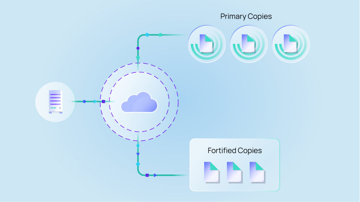 Secure data transfer between protected system and cloud backup, illustrating ransomware‑resilient backup and recovery flow.