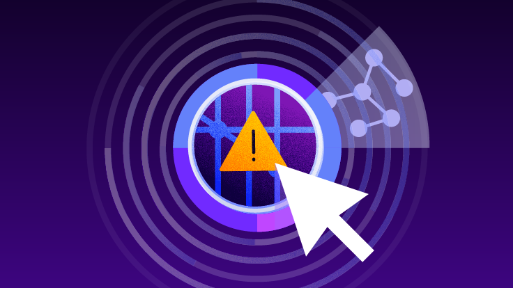 Alert icon over a segmented security shield with a cursor pointer, representing detection of a web-based threat.