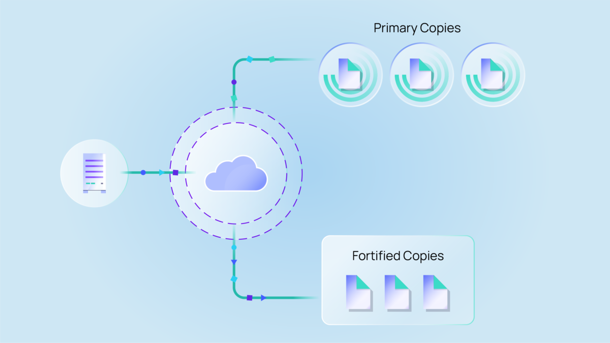 Diagram showing data flowing from a source into cloud storage, creating primary copies and fortified backup copies.