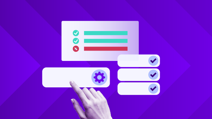 User interface with status indicators and checkmarks as a hand selects a settings option, representing security configuration management.