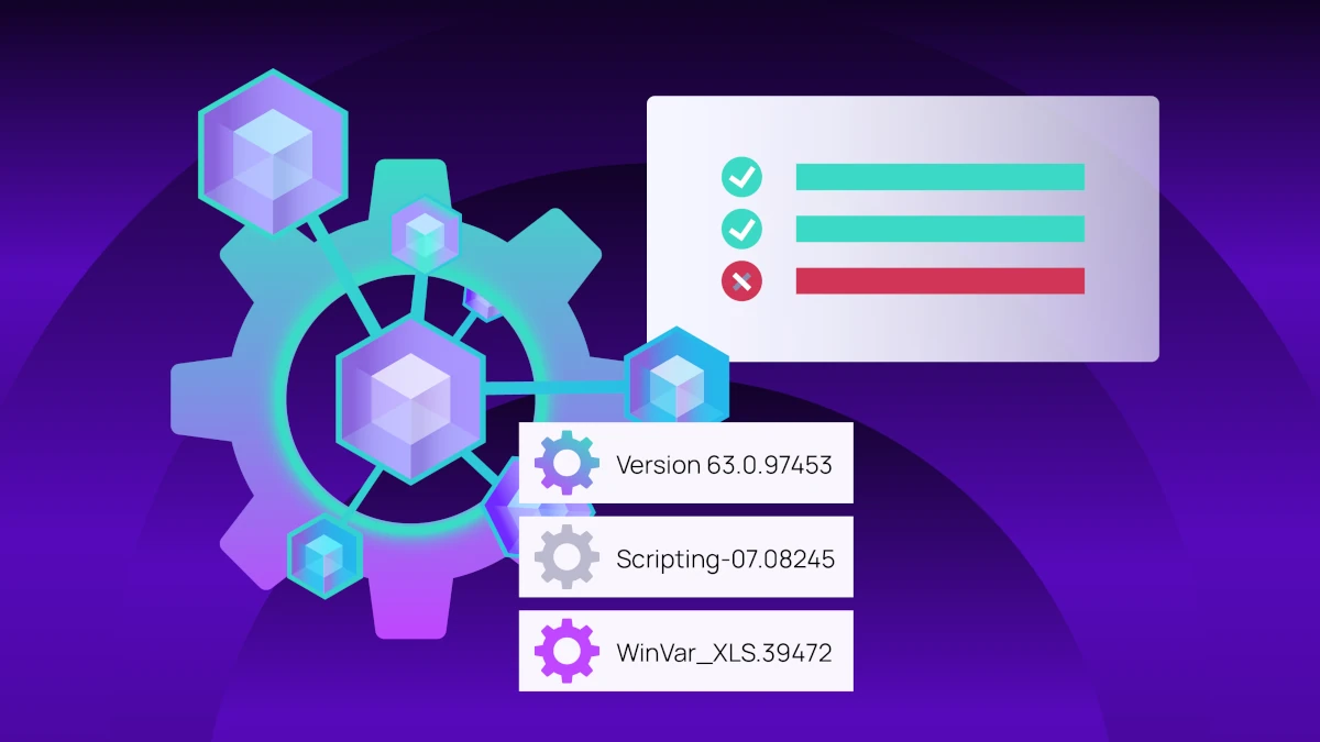 Gear and connected cubes with software version labels and status checklist, illustrating automated system configuration and ransomware protection.
