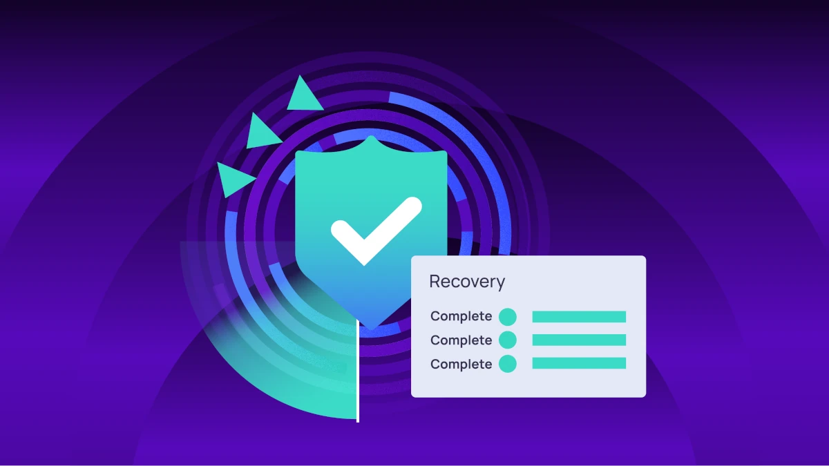 Shield with checkmark and recovery status panel showing completed items, representing successful ransomware recovery and system restoration.