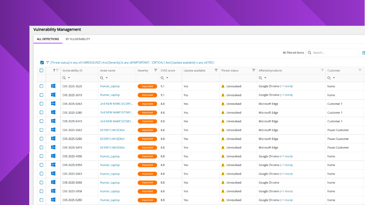 Vulnerability management dashboard listing unresolved critical and important CVEs with severity scores and available updates